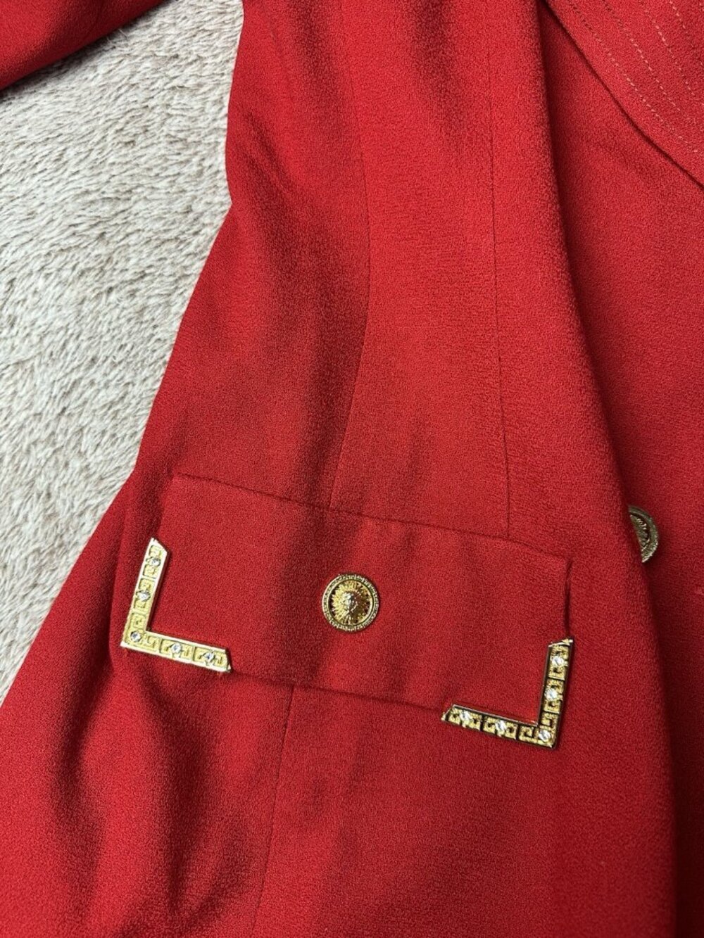 VTG Alberto Makali Red Power Blazer Jacket Gold Greek Key Lion Sunburst Size 14 - Picture 8 of 14